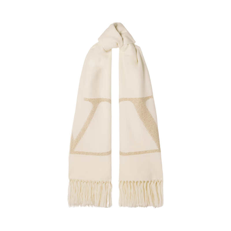 Valentino Garavani Fringed metallic logo-jacquard wool scarf